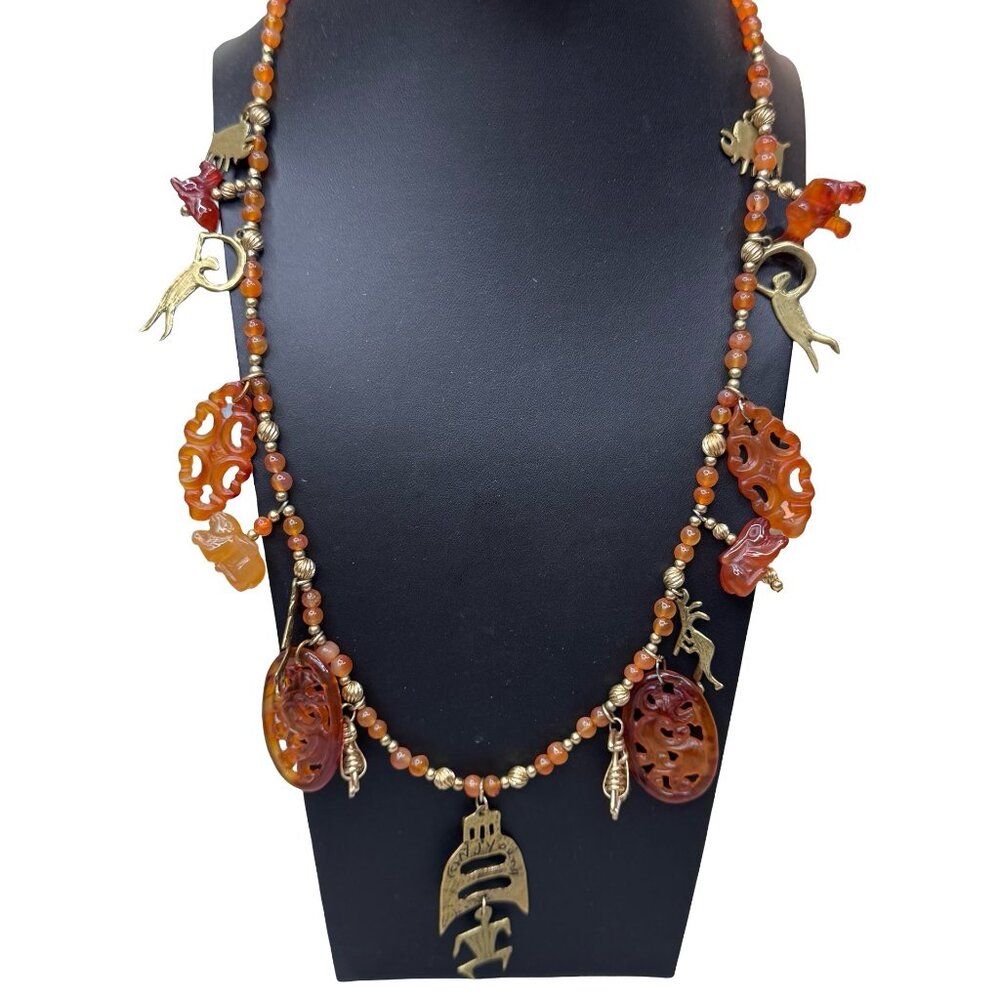 Brutalist Nancy NJ Young Kokopelli Tribal Carved Carnelian Bronze Charm Necklace